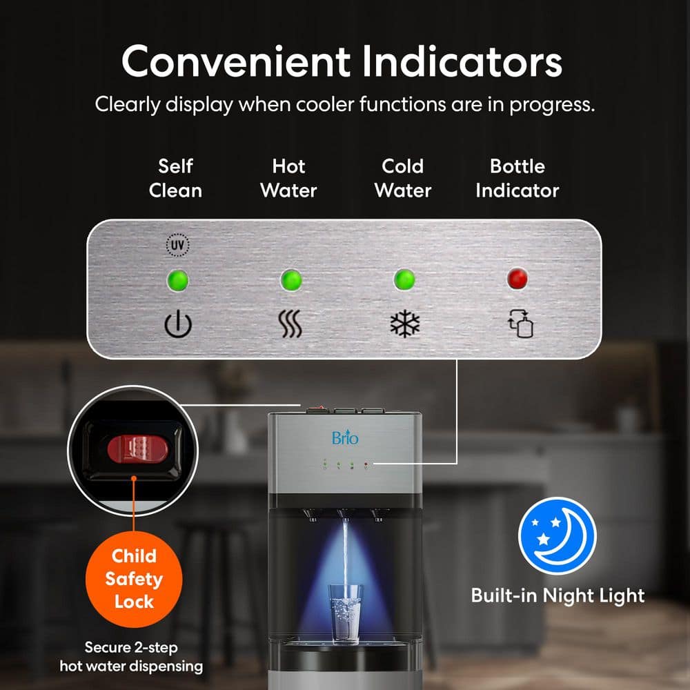 Brio Black Stainless Steel Bottom Loading Water Dispenser with UV Self-Cleaning
