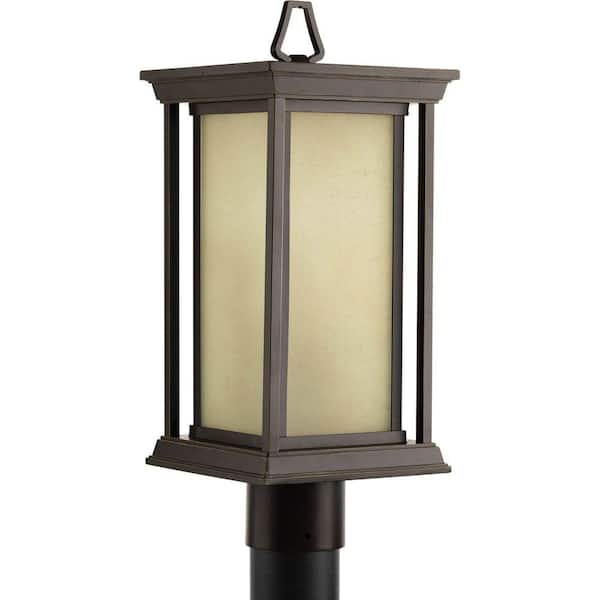Endicott Collection 1-Light Antique Bronze Etched Umber Linen Glass Craftsman Outdoor Post Lantern Light