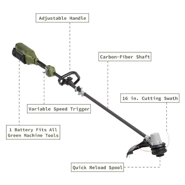 Green Machine GMST6200-C 62V 16 in. Cordless Carbon Fiber Shaft String Trimmer Brushless motor and Auto-Wind spool with 2.5AH Battery and Charger - 3