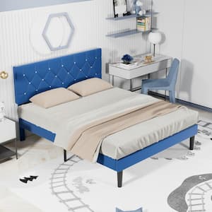 Upholstered Bed, Blue Metal Frame Queen Platform Bed with Wood Slat Support, No Box Spring Needed Bed Frame