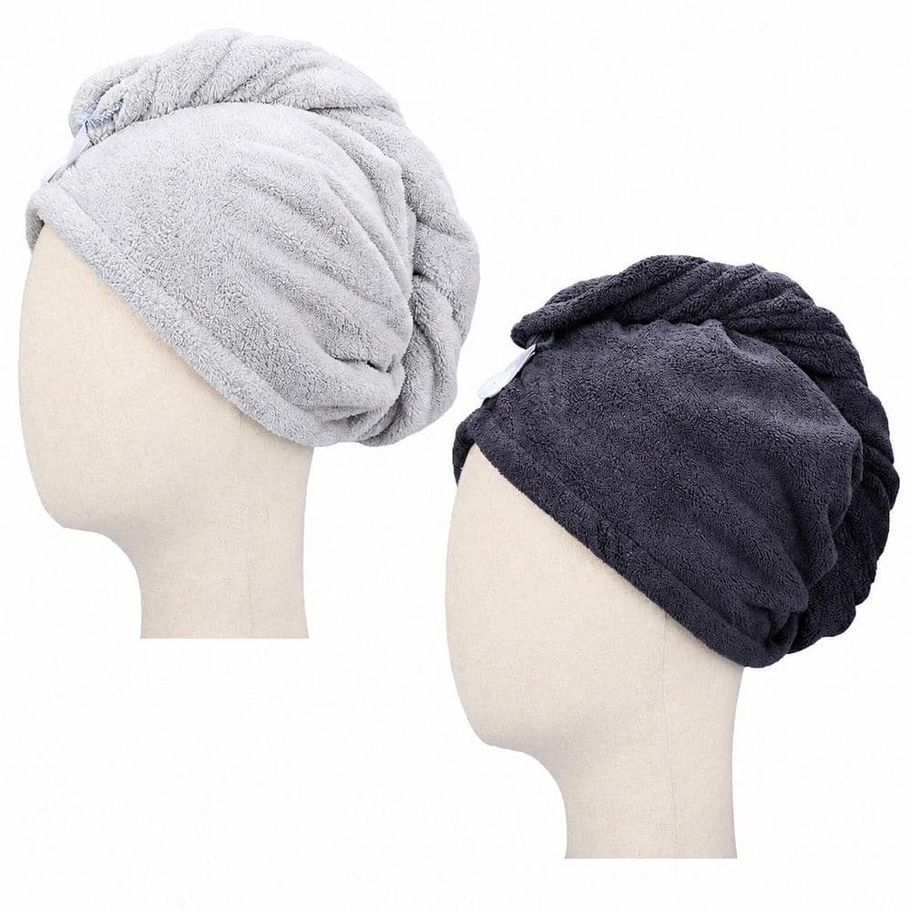 Dark Grey and Light Grey Microfiber Hair Drying Turban Wrap 2-Pack for Long Hair