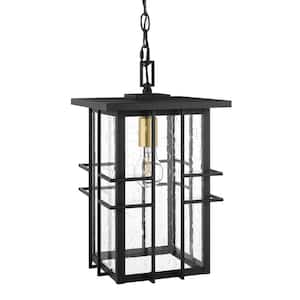 Glenfield 16 in. 1-Light Black Hanging Outdoor Pendant Light Fixture with Seeded Glass