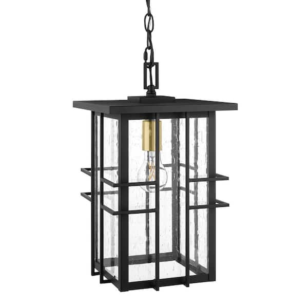 Hampton Bay Glenfield 16 in. 1-Light Black Hanging Outdoor Pendant Light Fixture with Seeded Glass