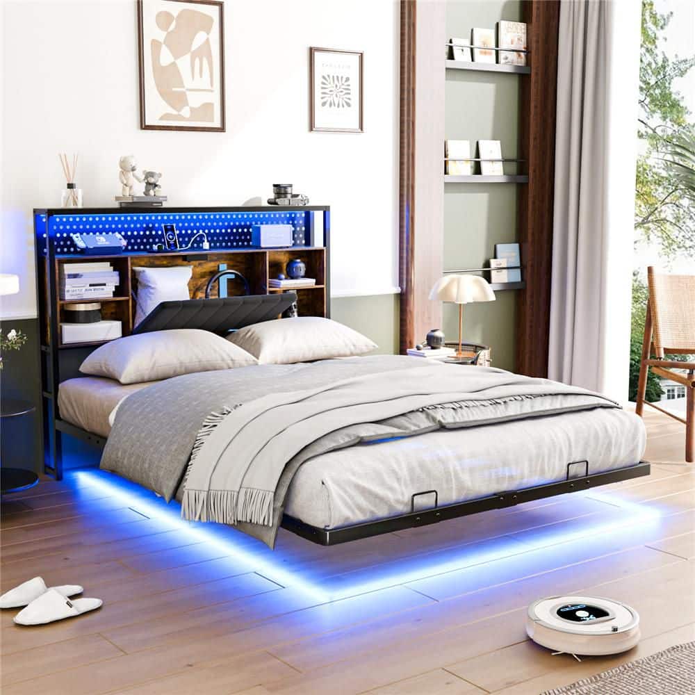Multi-Colored Metal Frame King Size Platform Bed Floating Bed with LED Light and Charging Station Upholstered Headboard - thumbnail 2