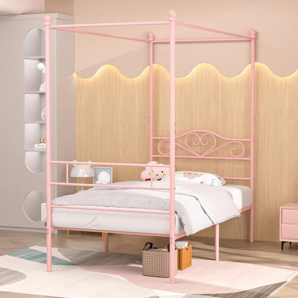 VECELO Metal Canopy Bed Frame, Pink Twin Size with Headboard, Heavy Duty Steel Slats, No Box Spring Needed (Style 2)