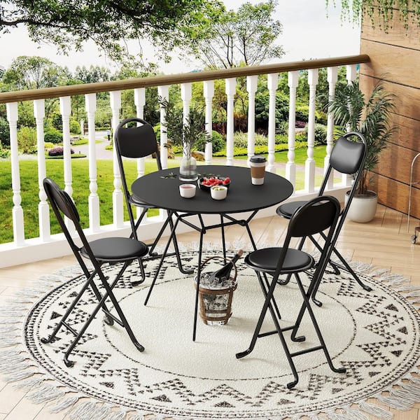 Unbranded ComfortMax Black Cast Iron Folding Stool Set of 4-Padded Portable Chairs with Backrest for Indoor and Outdoor Use