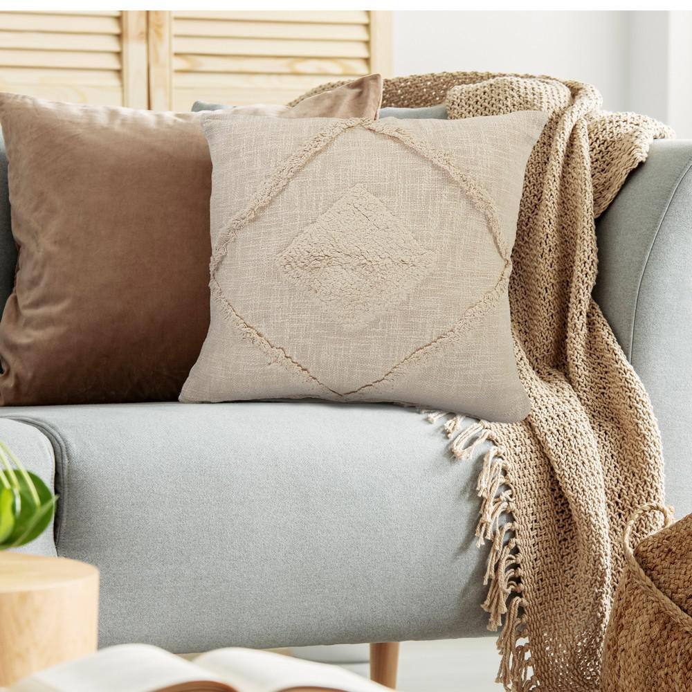 Birch Beige Cotton Double Diamond 20" Square Throw Pillow