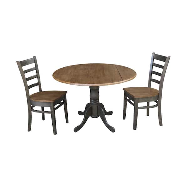 International Concepts Brynwood 3-Piece 42 in. Hickory/Coal Round Drop-Leaf Wood Dining Set with Emily Chairs