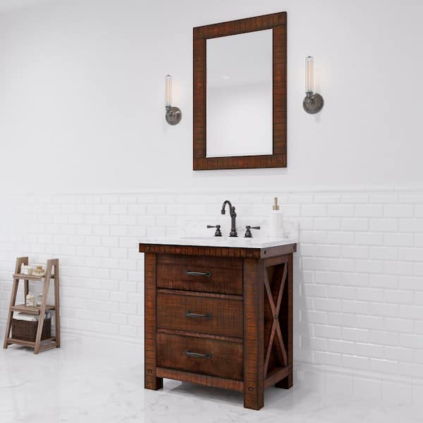 Aberdeen 30 in. W x 22 in. D Vanity in Rustic Sienna with Marble Vanity Top in White with White Basin, Faucet and Mirror