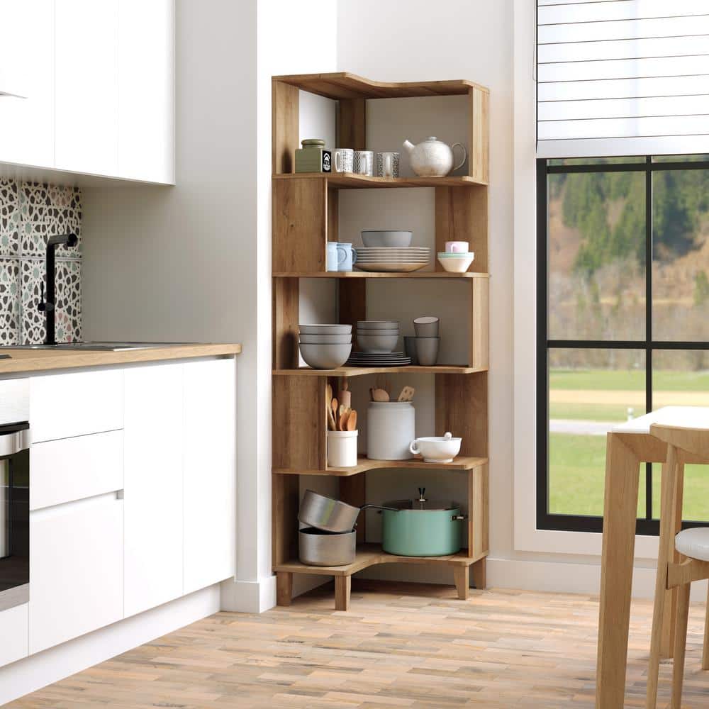 Natural Oak 6-Tier Corner Wood Bookcase with Open Back