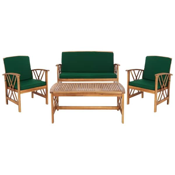 SAFAVIEH Fontana Natural 4-Piece Wood Patio Conversation Set with Green Cushions