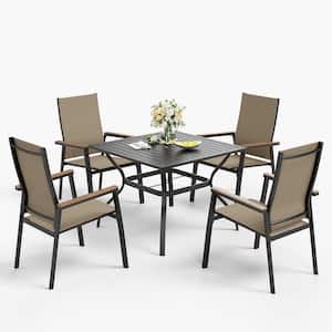 Black 5-Piece Metal Outdoor Patio Dining Set with Slat Square Table and Stackable Aluminum Chairs