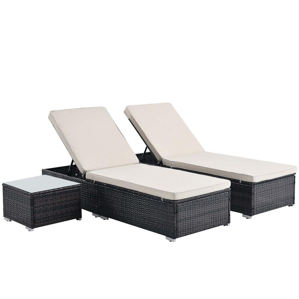 3 Pieces Brown Wicker Outdoor Patio Chaise Lounge with Beige Cushions with 