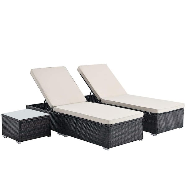 Unbranded 3 Pieces Brown Wicker Outdoor Patio Chaise Lounge with Beige Cushions with Elegant Reclining Adjustable Backrest