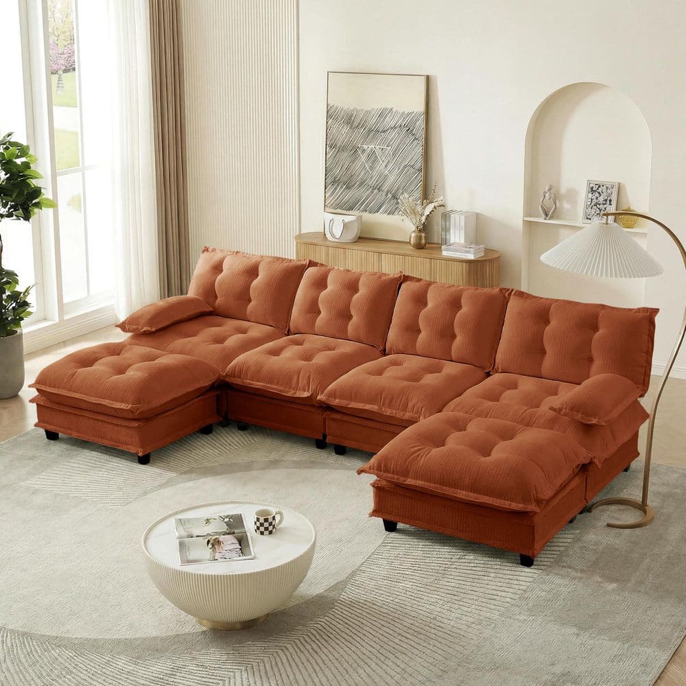 Tiffany Modern 138.5 in. Pillow Top Arms Chenille Upholstered U-Shaped Sectional Sofa in Orange with 2 Ottomans price history on PriceWatchPro
