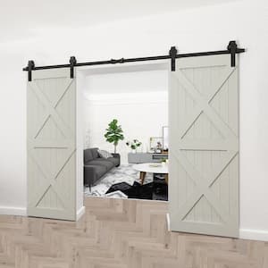 10 ft./120 in. Black Steel Sliding Barn Door Track and Hardware Kit for Double Doors with Floor Guide (J-Shape Hanger)