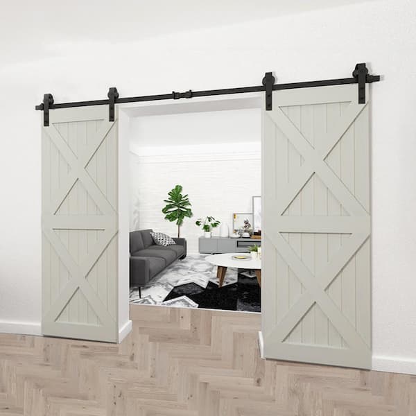 10 ft./120 in. Black Steel Sliding Barn Door Track and Hardware Kit for Double Doors with Floor Guide (J-Shape Hanger)