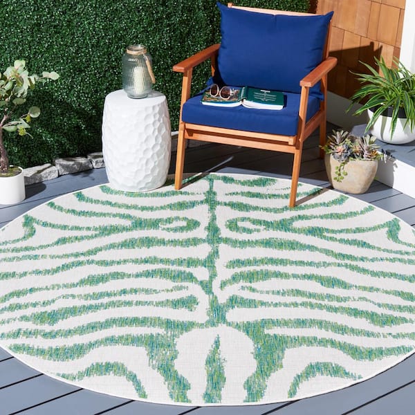 Courtyard Ivory/Green 7 ft. Round Zebra Indoor/Outdoor Area Rug