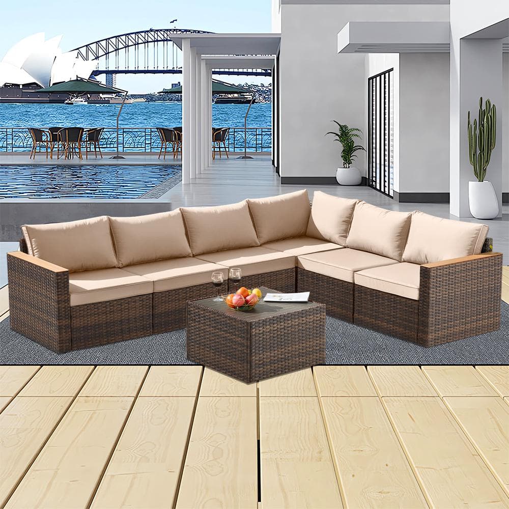 Runesay 7-Piece Wicker Outdoor Sectional Sofa Set Patio Conversation ...