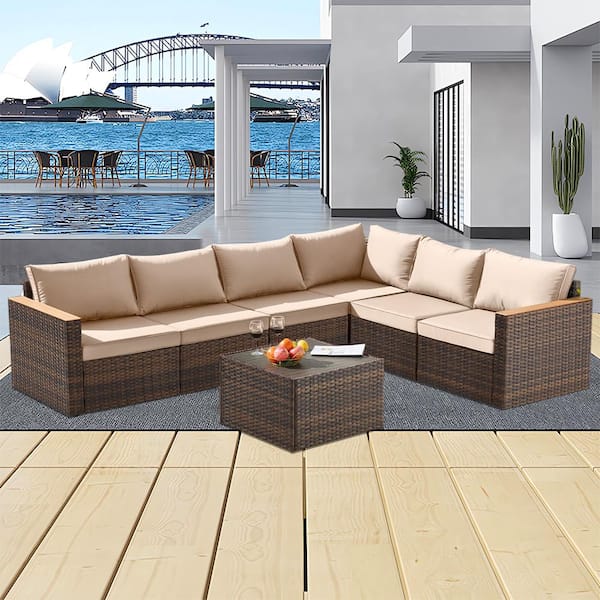 Runesay 7-Piece Wicker Outdoor Sectional Sofa Set Patio Conversation Set with Brown Cushions Outdoor Patio Furniture