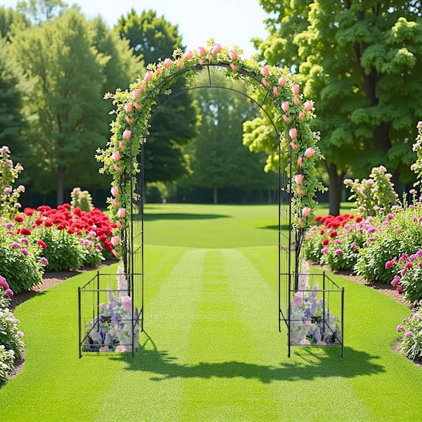 Black 84.6 in. x 78.7 in. Garden Arch Durable Metal Arbor Trellis ...