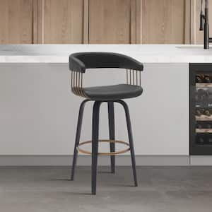 Topanga Swivel 30.5 in. Black/Black and Golden Bronze Wood Bar Stool with Black Faux Leather Seat