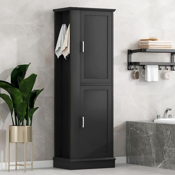 21 in. W x 14 in. D x 68 in. H Black Linen Cabinet, Tall Bathroom Storage Cabinet with Hook, Adjustable Shelf, MDF Board
