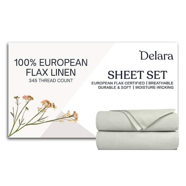 4-Piece Set Light Gray Solid Color 100% European Flex Linen, CalKing, Smooth and Breathable, Super Soft Sheet Sets