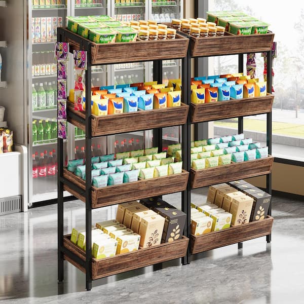 Eulas 4-Tier Brown Black 29 in. Retail Display Cabinet Rack Set of 2 Fruit Snack Display Rack for Stores, Supermarkets