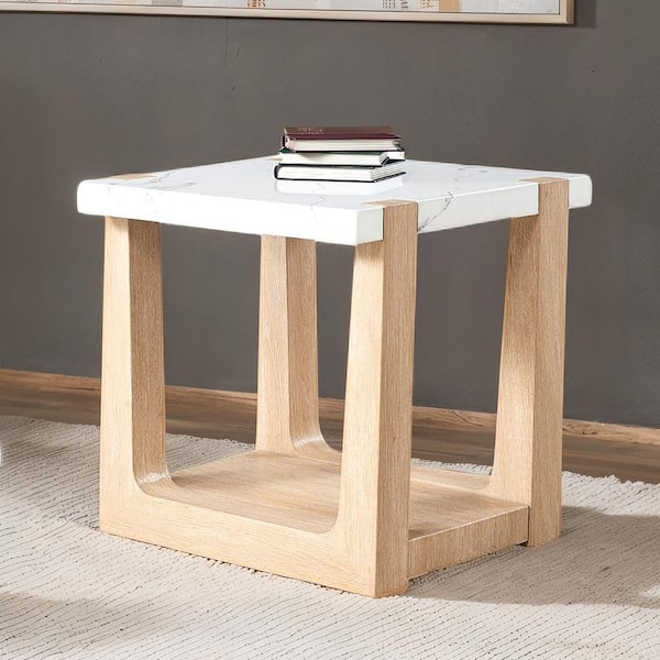 Scott 24 in. 2-Tone White/Natural Rectangle Faux Marble Top End Table
