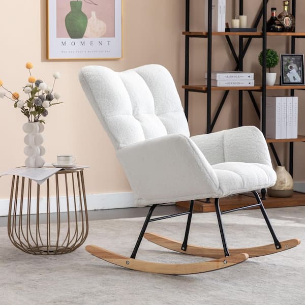 Teddy Fabric Rocking Glider Chair, Ivory, Tufted Back, Nursery and Living Room Accent Chair
