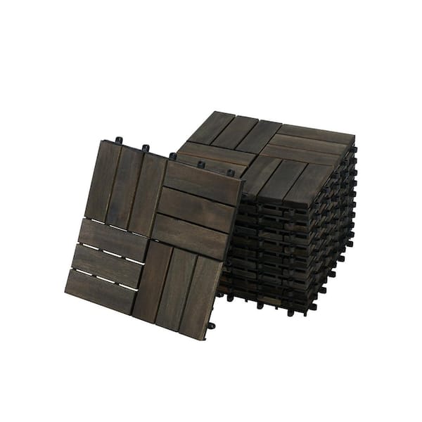 12 x 12 in. Outdoor Patio Checkerboard Pattern Interlocking Design Acacia Hardwood Flooring, Dark Brown 10 PCS