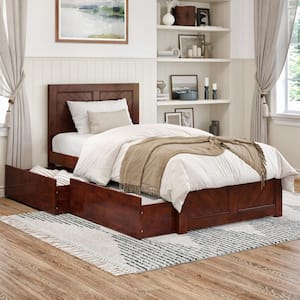 Canyon Walnut Brown Solid Wood Twin XL Platform Bed with Matching Footboard and Storage Drawers