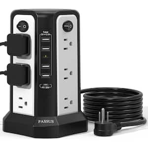 12-Outlet Power Tower Surge Protector with 5 USB Ports Extension Cord in Black White-4A1C