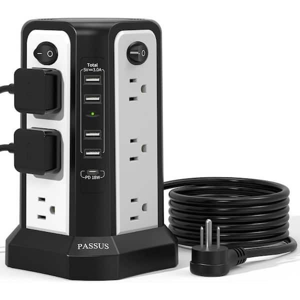 Etokfoks 12-Outlet Power Tower Surge Protector with 5 USB Ports Extension Cord in Black White-4A1C