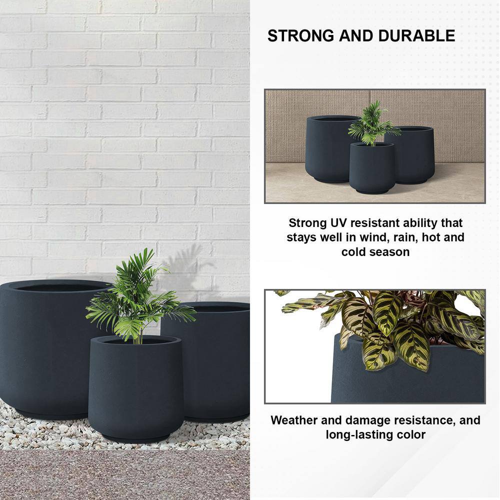 Kante Charcoal Concrete Round Planters with Drainage Holes Set