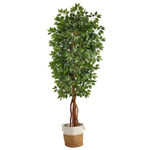 90 in. Green Artificial Deluxe Ficus Tree in Handmade Jute and Cotton Basket