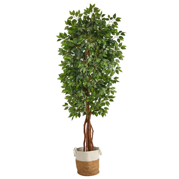 Nearly Natural 90 in. Green Artificial Deluxe Ficus Tree in Handmade Jute and Cotton Basket