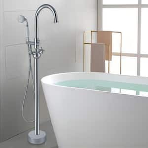 Double Handle Freestanding Floor Mount Tub Filler Faucet with Hand Shower and Swivel Spout in Chrome