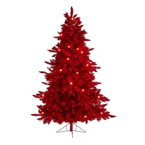 6 ft. Red Pre-Lit Flocked Fraser Fir Artificial Christmas Tree with 350 Red Lights, 33 Globe Bulbs