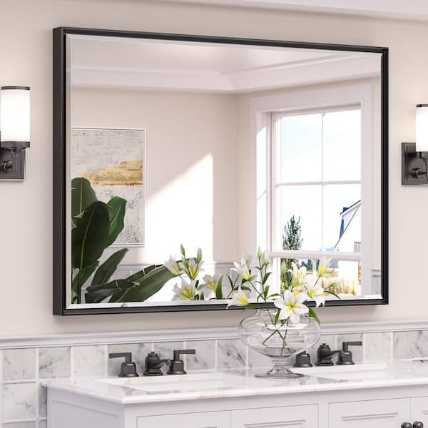 48 in. W x 36 in. H Rectangular Framed Black Mirrors for Bathroom Wall Beveled Mirror Bathroom Vanity Mirror Over Sink