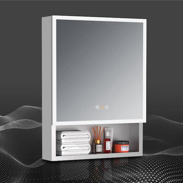 HBEZON Eros 20 in. W x 28 in. H Small Rectangular Aluminum LED Dimmable Defogging Medicine Cabinet with Mirror, Right Hinge