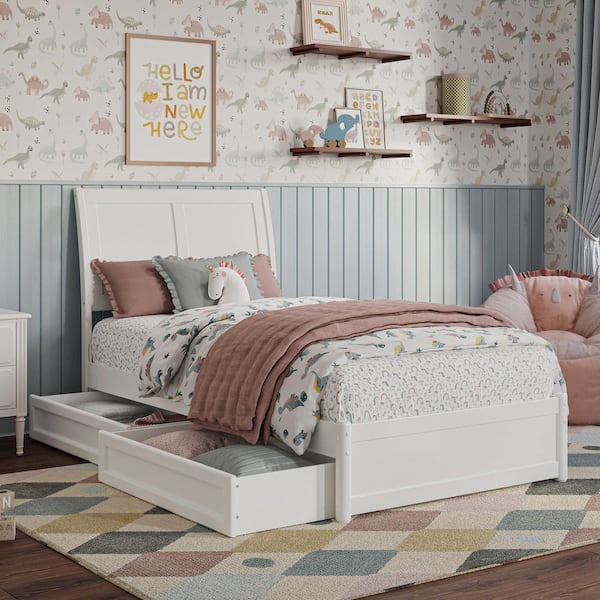 AFI Andorra White Solid Wood Frame Twin Platform Bed with Panel Footboard and Storage-Drawers