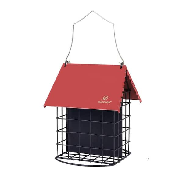 Double Suet Bird Feeder with Weatherproof Roof & Perch, All Metal for Outdoors Hanging in Red