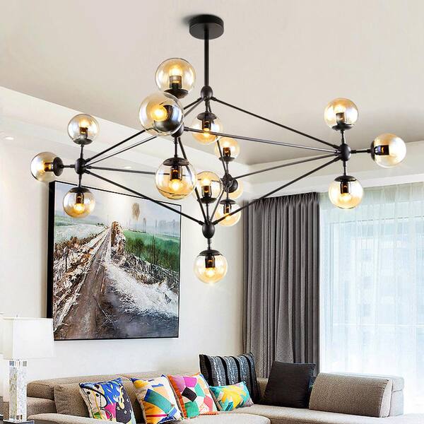 LamQee 15-Lights Vintage Black MODO Sputnik Chandelier with Amber Glass Shade
