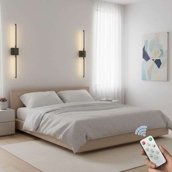 28 in. 1-Light Set of 2 Black LED Wall Sconces, Wireless Dimmable Vanity Light, 360° Light for Bedroom Bathroom