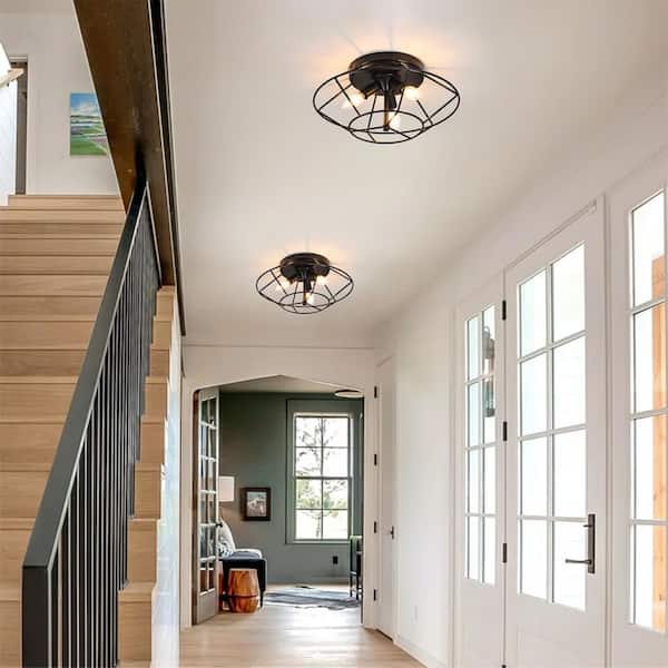 15.8 in 3-Light Modern Black Metal Cage Industrial Flush Mount Ceiling Light with No Bulbs Included