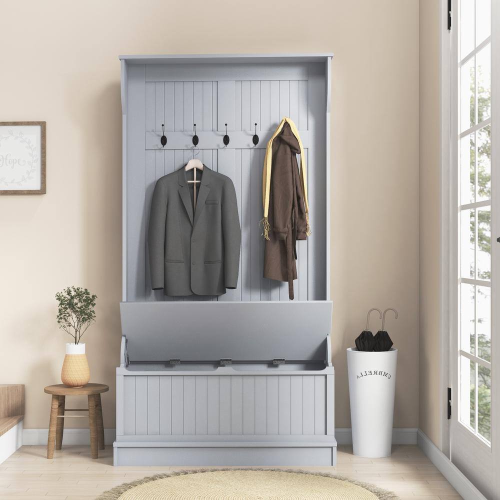 Gray Engineered Wood Hall Tree with Storage Bench and Metal Hooks