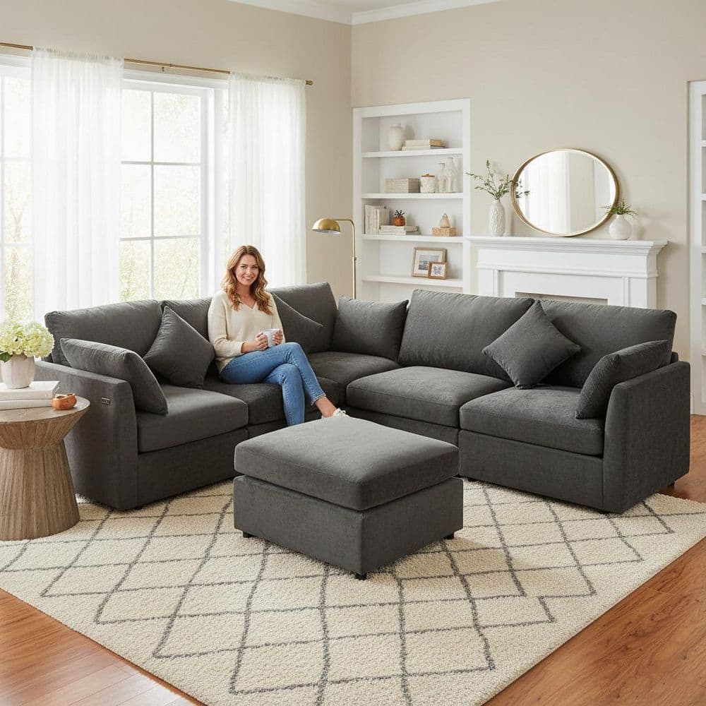 AZIU 86.6 in. Square Arm 3-Piece Chenille Modular Sectional Sofa with Ottoman and USB Ports in Graphite Gray price history on PriceWatchPro