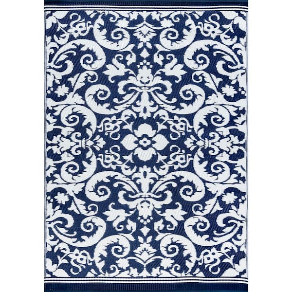 Tayse Rugs Sunset Scroll Navy 4 ft. x 6 ft. Indoor/Outdoor Area Rug